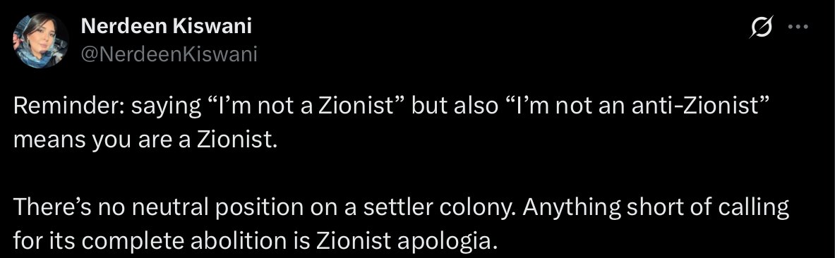 Contra_Flash's tweet image. If you take this position, then the guy whose personality is “I just want to grill” and doesn’t think about Israel/Palestine 24/7 is your enemy. Good luck!