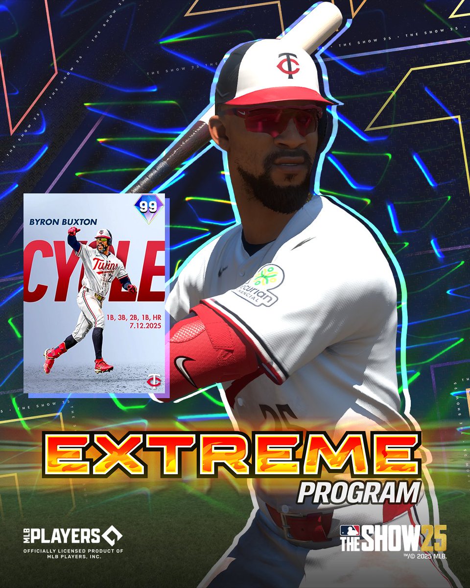 MLBTheShow's tweet image. You’ve seen some of the E❌treme moments.
Now it’s time to see who you can add to your squad for your work and persistence… 👀
😤 Milestone Byron Buxton 😤
Earn him this Friday at noon PT in the E❌treme Program.
#MLBTheShow