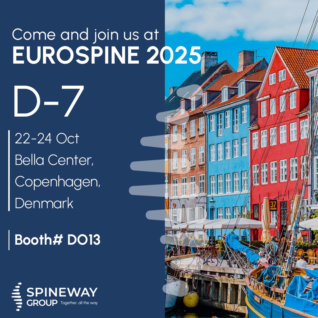 The EUROSPINE congress in Copenhagen starts in one week!
Join us 𝗯𝗼𝗼𝘁𝗵 𝗗𝗢𝟭𝟯 from October 22 to 24 at Bella Center to discover our latest products dedicated to the treatment of spinal column disorders.

#SpinewayGroup #congress #EUROSPINE2025 #Copenhagen #BellaCenter