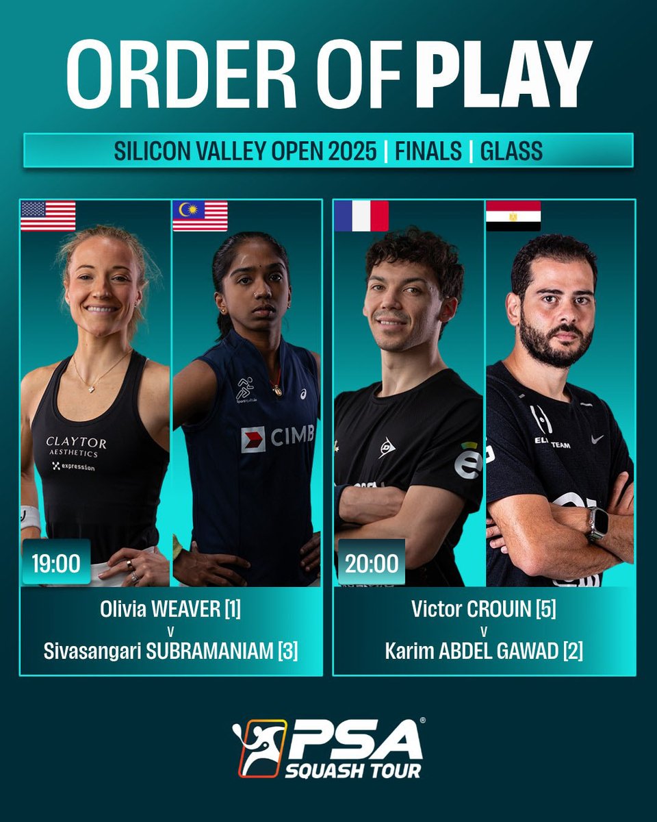 PSASquashTour's tweet image. It's finals day in Redwood City, CA as the @SVOpenSquash champions will be crowned ๐
@Olivia_Weaver1 ๐ @sangari_99
@VCrouin ๐ @karimabdelgawad
19:00 (GMT-7) start live on @SquashTV
Preview, stats and more ๐ tinyurl.com/4k4h6dhu
Order of play ๐