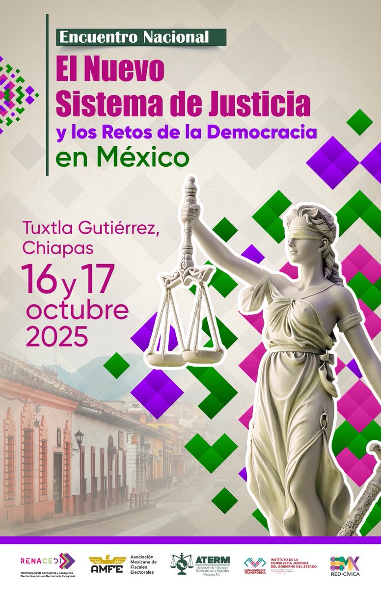#ATERM invita al Encuentro Nacional 2025 “El Nuevo Sistema de Justicia y los Retos de la Democracia en México”. 

🗓️ 16 y 17 de octubre
Tuxtla Gutiérrez, Chiapas.