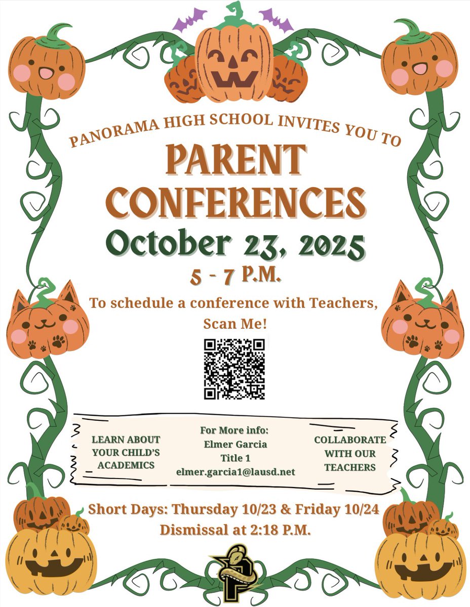 PanoramaPythons's tweet image. 💛📚It’s Parent Conference Time! 📚💛

Join us for an evening of learning &amp;amp; collaboration! ✨
📆 : October 23, 2025
🕔 : 5:00 P.M. - 7:00 P.M.

Scan the QR Code to schedule a conference with Teachers! 🤩 See you there! 💛 #pythonpride