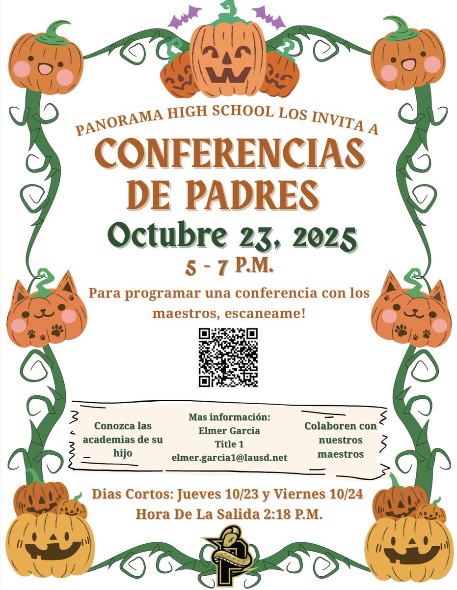 PanoramaPythons's tweet image. 💛📚It’s Parent Conference Time! 📚💛

Join us for an evening of learning &amp;amp; collaboration! ✨
📆 : October 23, 2025
🕔 : 5:00 P.M. - 7:00 P.M.

Scan the QR Code to schedule a conference with Teachers! 🤩 See you there! 💛 #pythonpride