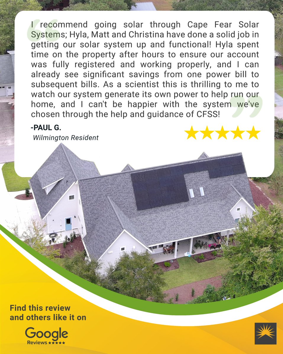 CapeFearSolar's tweet image. We’re dedicated to showing up for our customers with care, consistency, and commitment. We are so happy to hear that your system started delivering savings so quickly. Thank you, Paul, for the amazing review!

#customerreview #solarreview #solarcompany #customerexperience