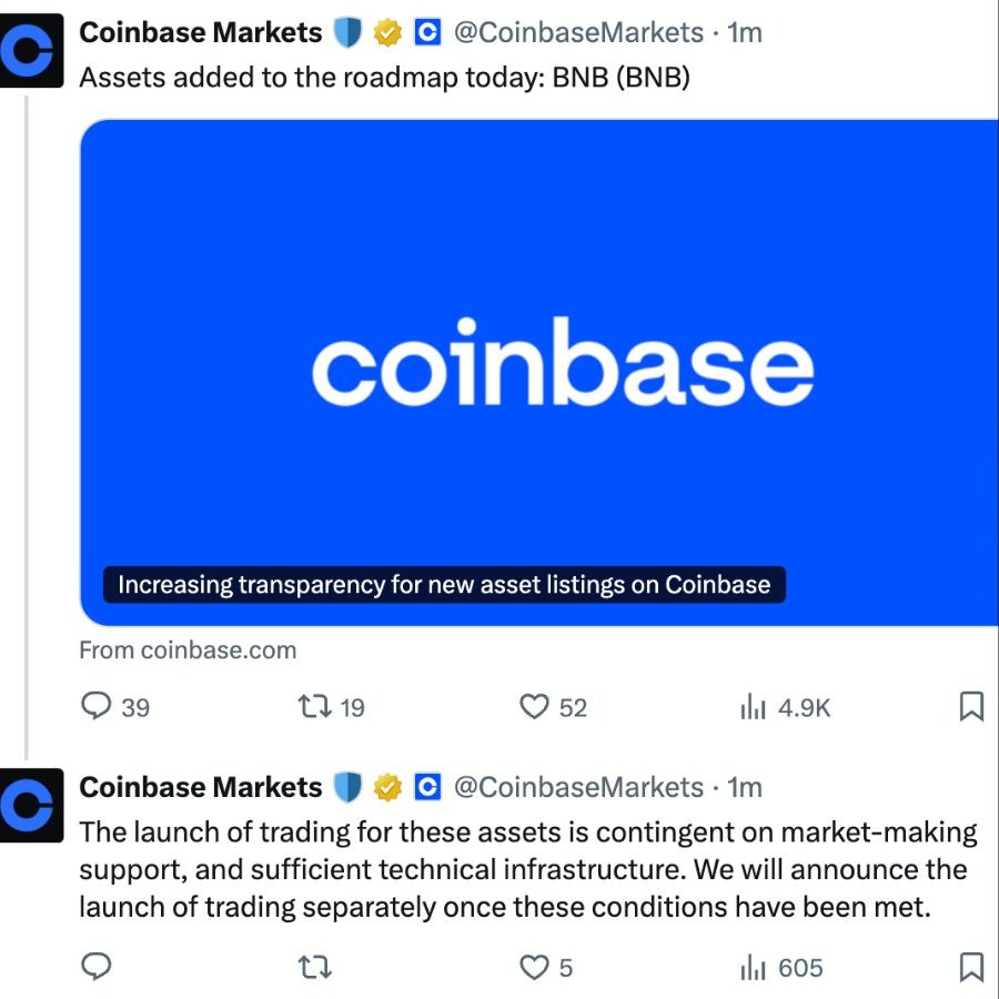 crypto_banter's tweet photo. 🚨 BREAKING: @coinbase to list $BNB 🟢 https://t.co/goVitdeZn6