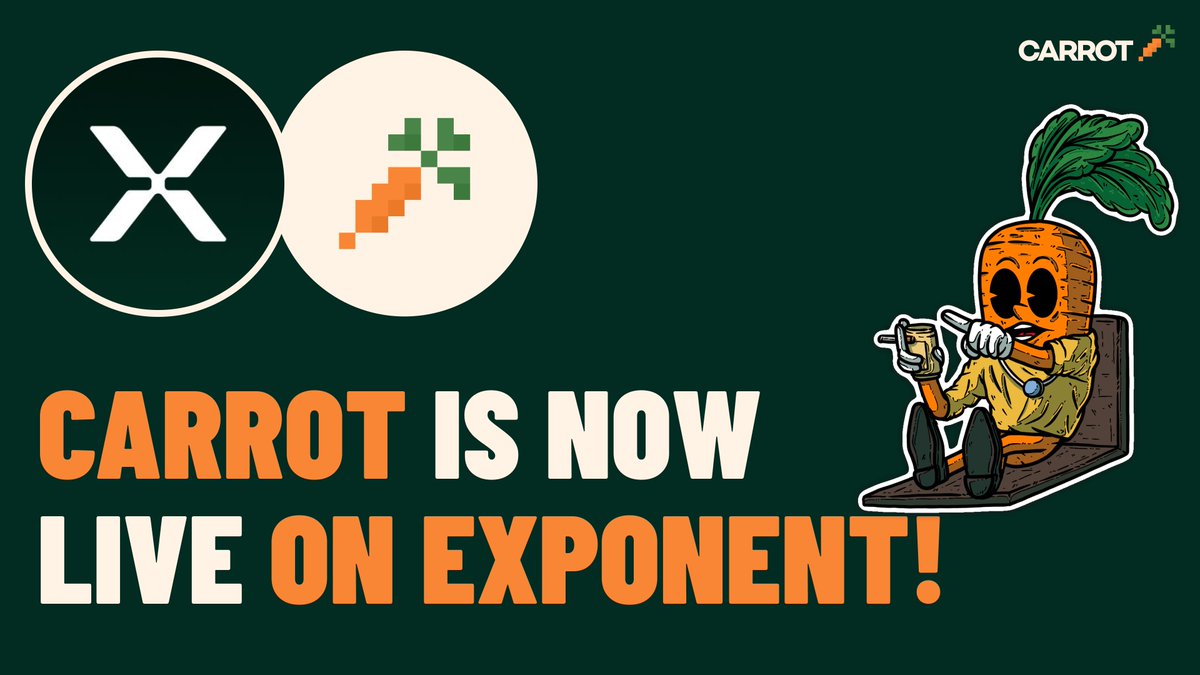 🥕 Carrot is now live on Exponent!

We’re thrilled to announce that $CRT has been listed on <a href="/ExponentFinance/">Exponent</a>, Solana’s premier yield exchange, unlocking new ways to trade, fix, or amplify your yield.

Through Exponent, holders can now choose how they want to shape their yield