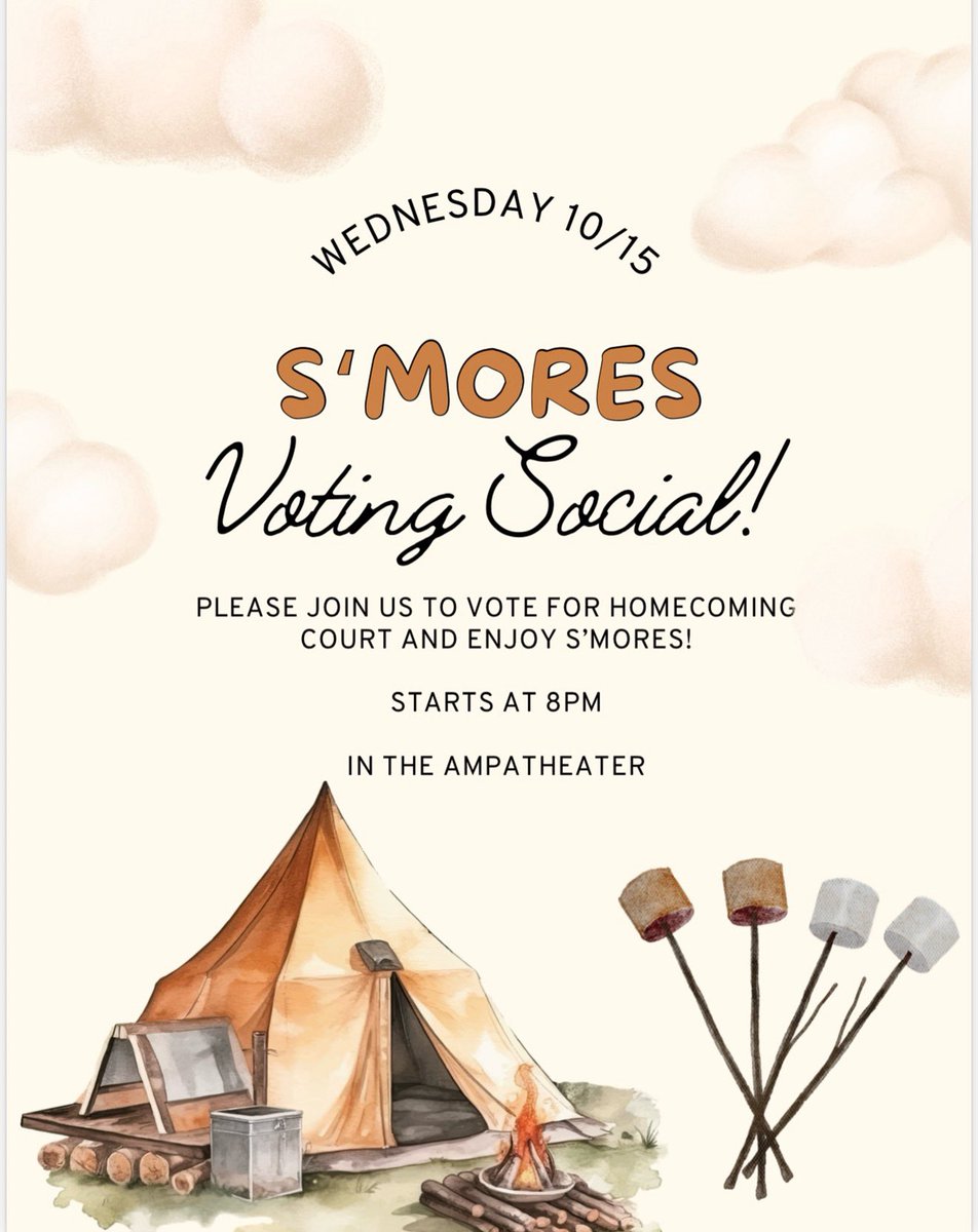 Sweeten up your Wednesday night! 🍫🔥 Join us for the S’mores Voting Social — come vote for Homecoming Court and enjoy some gooey treats under the stars! 🌙🍢