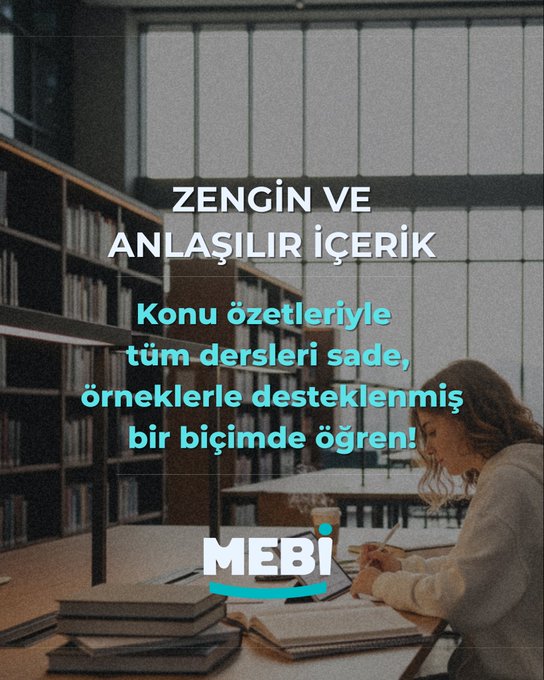 First image displays a student sitting at a desk in a library examining multiple green and purple covered books labeled TYT AYT YDT with Mebi logo and Turkish text Konu Özetleri Kitaplarını İnceledin Mi. Second image shows hands writing on paper with a laptop displaying TYT AYT YDDT text and 1293 konu özetleri kapsami iceriklerin seninle her ders sade animasyonlarla tek noktada toplanlandi with Mebi logo. Third image depicts young people studying around a wooden table with laptops and books in a room with plants emphasizing Hizli Ve Etkili Ogrenme with targeted animations time-saving content and Mebi logo. Fourth image features a woman studying books on a desk in a library with Zengin Ve Analizli Icerik text about topic summaries for all subjects side by side with examples and Mebi logo.