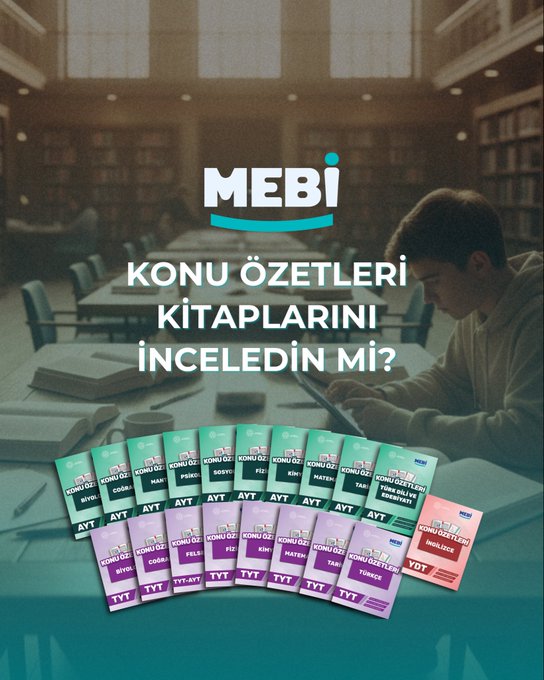 First image displays a student sitting at a desk in a library examining multiple green and purple covered books labeled TYT AYT YDT with Mebi logo and Turkish text Konu Özetleri Kitaplarını İnceledin Mi. Second image shows hands writing on paper with a laptop displaying TYT AYT YDDT text and 1293 konu özetleri kapsami iceriklerin seninle her ders sade animasyonlarla tek noktada toplanlandi with Mebi logo. Third image depicts young people studying around a wooden table with laptops and books in a room with plants emphasizing Hizli Ve Etkili Ogrenme with targeted animations time-saving content and Mebi logo. Fourth image features a woman studying books on a desk in a library with Zengin Ve Analizli Icerik text about topic summaries for all subjects side by side with examples and Mebi logo.