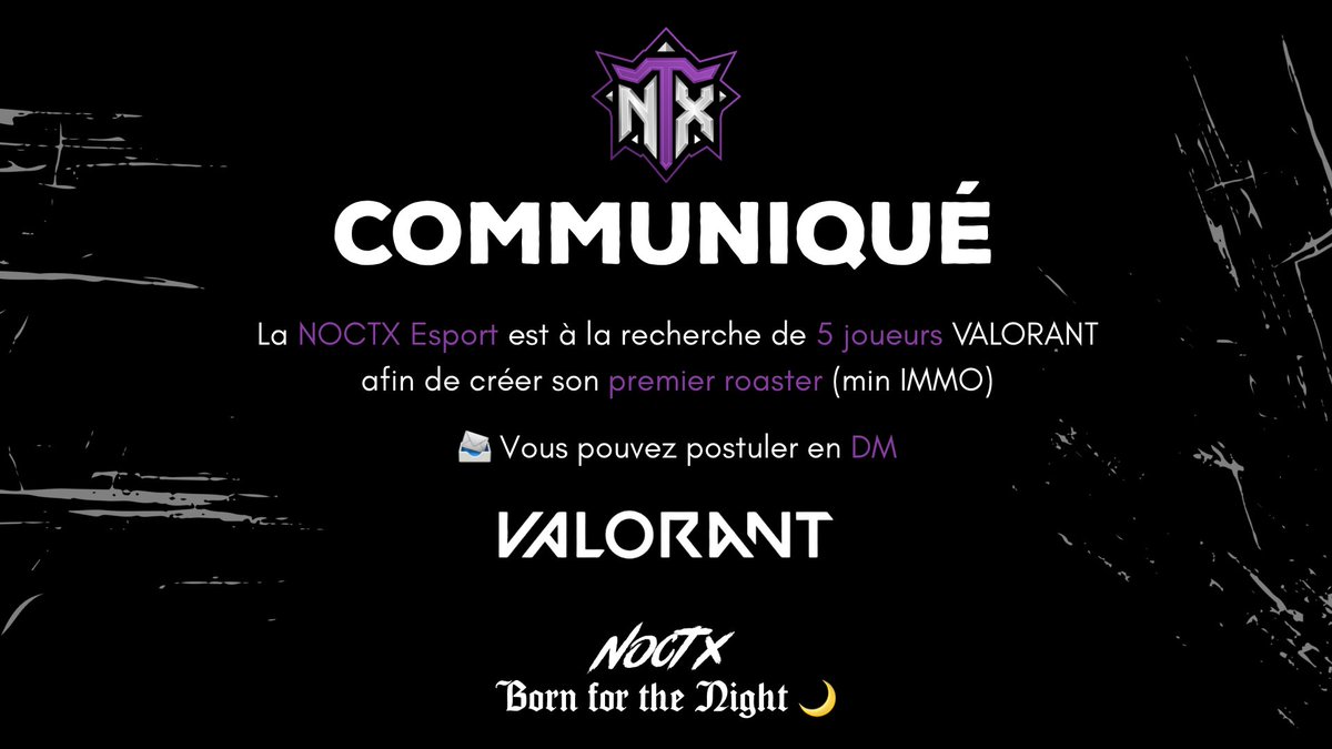 Noctx_esport's tweet photo. 🧐La Noctx esport est à la recherche de 5 joueurs VALORANT (min immo) afin de créer son premier roster. 

Structure sérieuse et ambitieuse 💜

✉️Vous pouvez postuler en DM 

#Bornforthenight 🌙

@Cherche1Equipe @Cherche_1Groupe 🫶 https://t.co/UAP22IfVhz