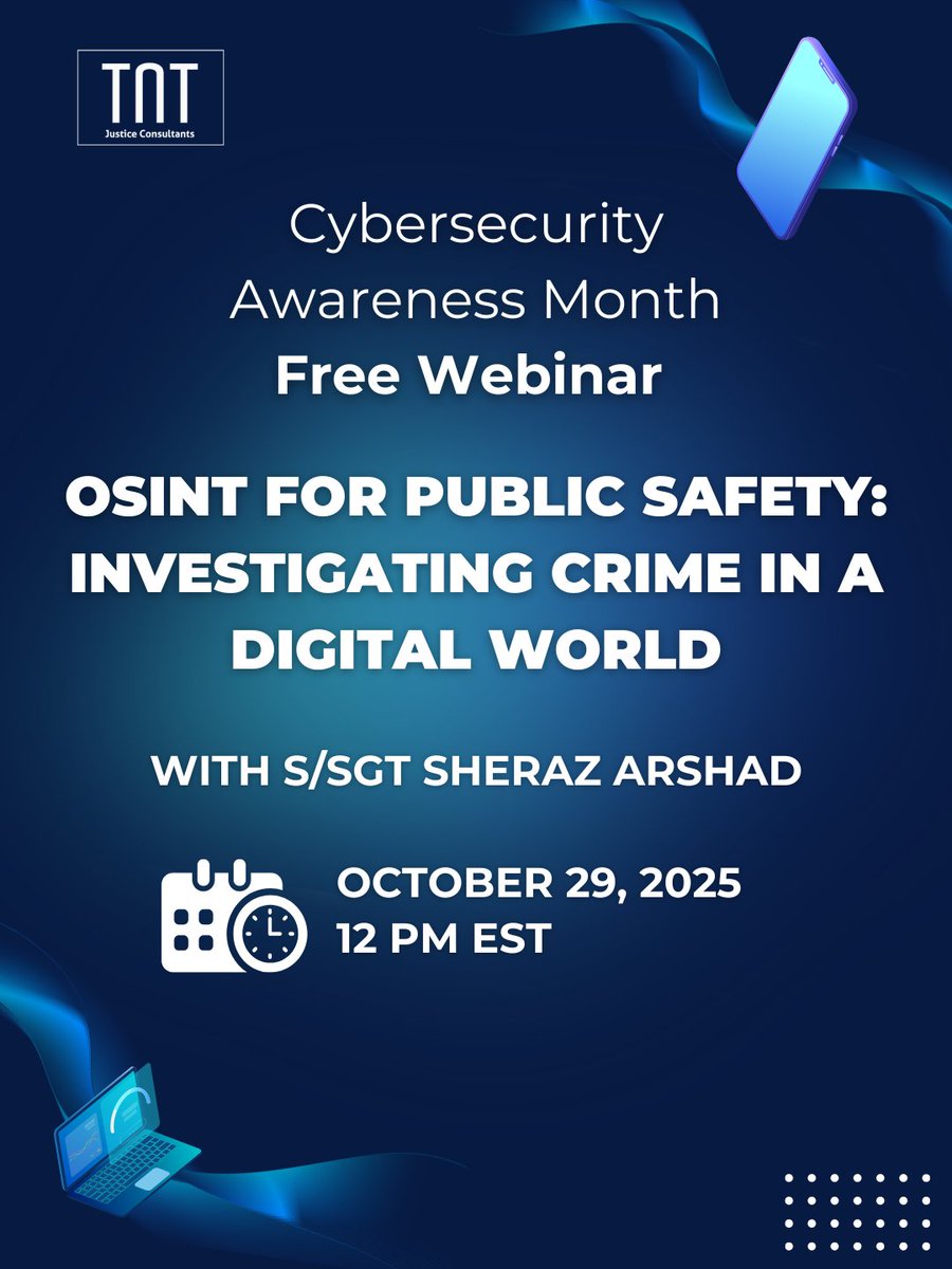 Cyber threats are evolving, but so are the tools available to investigators &amp; communities. Open-source intelligence is no longer just a specialist’s tool; it's become a core part of both traditional investigations &amp; cyber investigations. 
Register: tinyurl.com/cux25nva
#OSINT