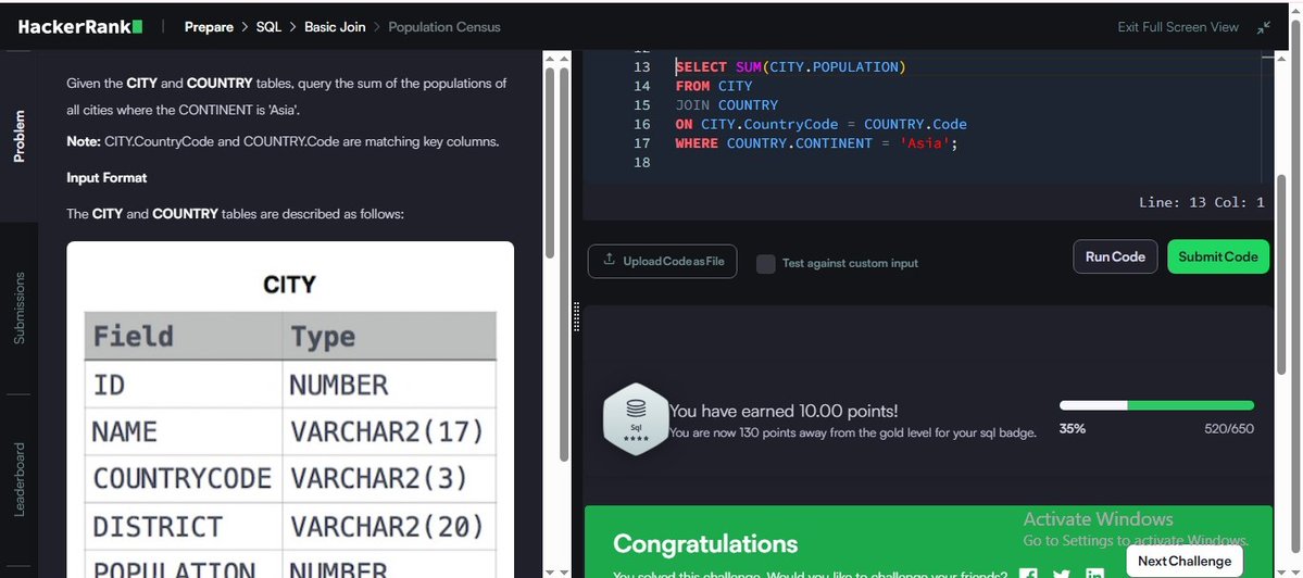 MRout75802's tweet image. Day 24/100 ✅
Solved “Population Census” on HackerRank 
💡Practiced SQL joins &amp;amp; aggregation using SUM() to calculate Asian city populations.
🧠Feeling more confident with relational queries.
#SQL #100DaysOfCode #HackerRank #Zigbee