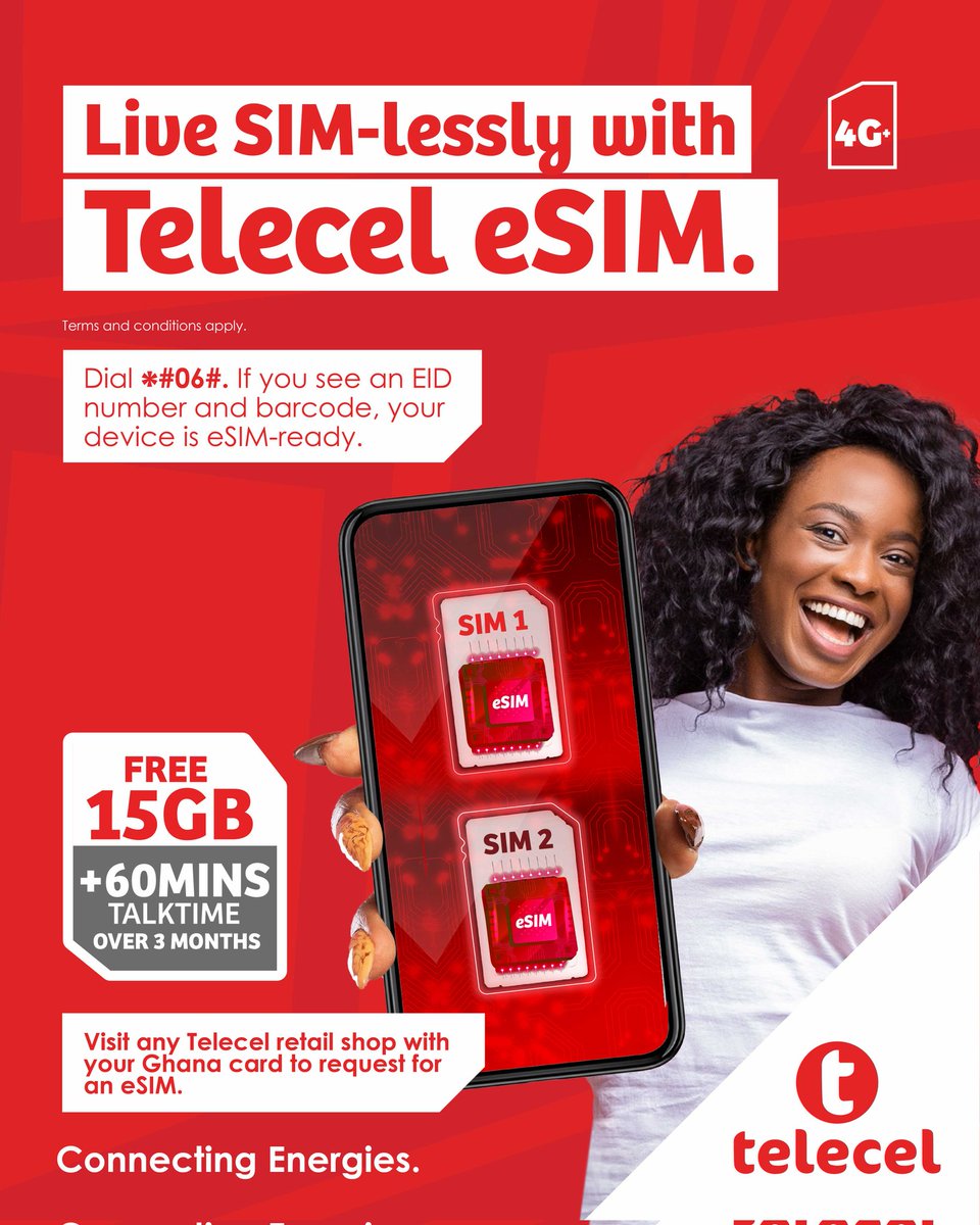 Go SIM-less. 
Experience the future with Telecel eSIM and enjoy FREE 15GB plus 60 mins talk time for 3 months.
Visit any Telecel retail shops with your Ghana Card and request for an eSIM today.