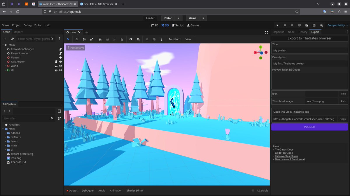 Hey!
Wanna try publishing your first project to TheGates? It's dead simple with this web editor now!
editor.thegates.io

Just open the editor, make your changes, and click "Publish". And you can see your project in TheGates app right away and share it with your friends 🎮🕹️