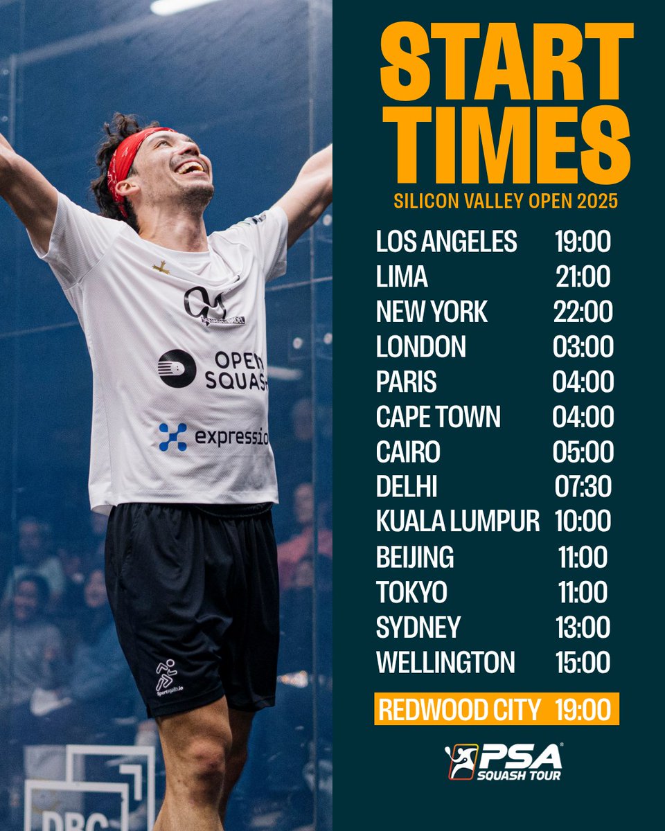 PSASquashTour's tweet image. Don't miss tonight's @SVOpenSquash finals! ๐ฅ
Here's what time the action starts wherever you are in the world ๐