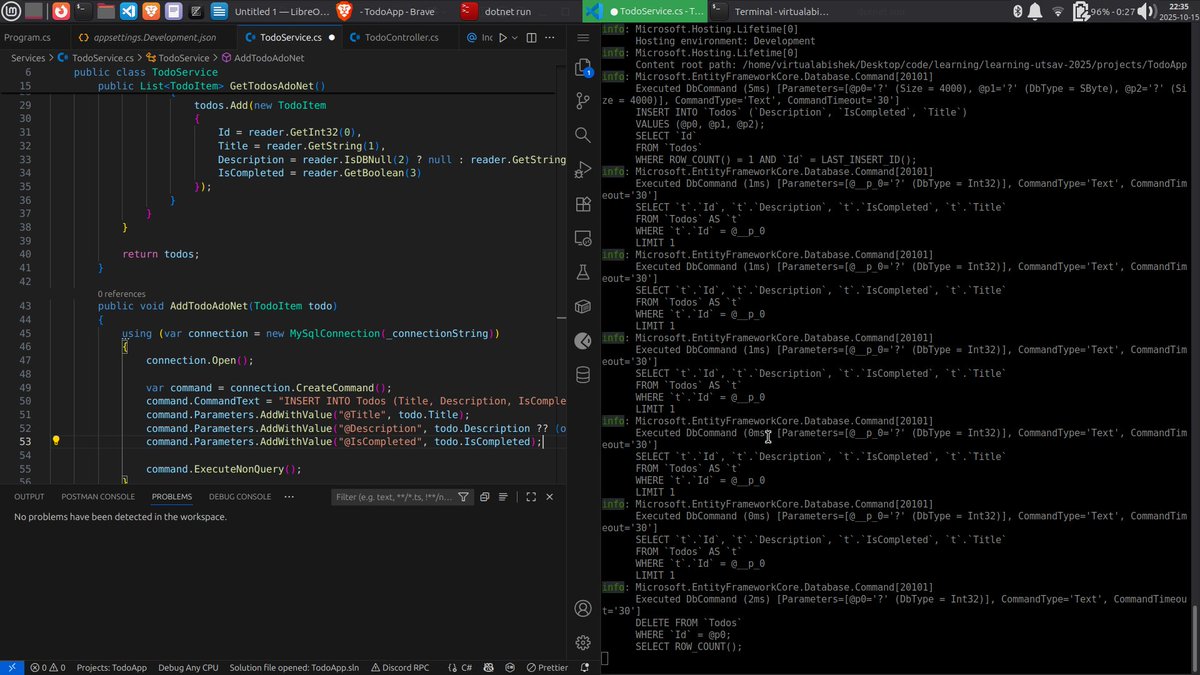 virtualabishek's tweet image. #LearningUtsav2025 #FestivalOfLearning #LUD17
@learning_utsav

Today, i have gone through DB in .NET. I had practised Basic of ADO.NET( EF Core, ORM). I had also created data models and data context. Also performed CRUD Operations.
Update: github.com/virtualabishek…