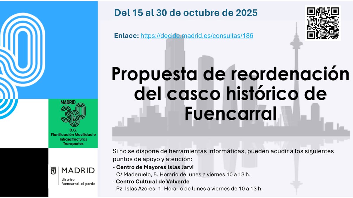 🗳️ ¿Quieres participar en la reordenación del casco histórico de Valverde?
📍 Puedes hacerlo del 15 al 30 de octubre, si tienes más de 16 años
✅ La actuación pretende mejorar la accesibilidad y eliminar barreras arquitectónicas de Fuencarral-El Pardo
👉 informate.madrid.es/kza0p2