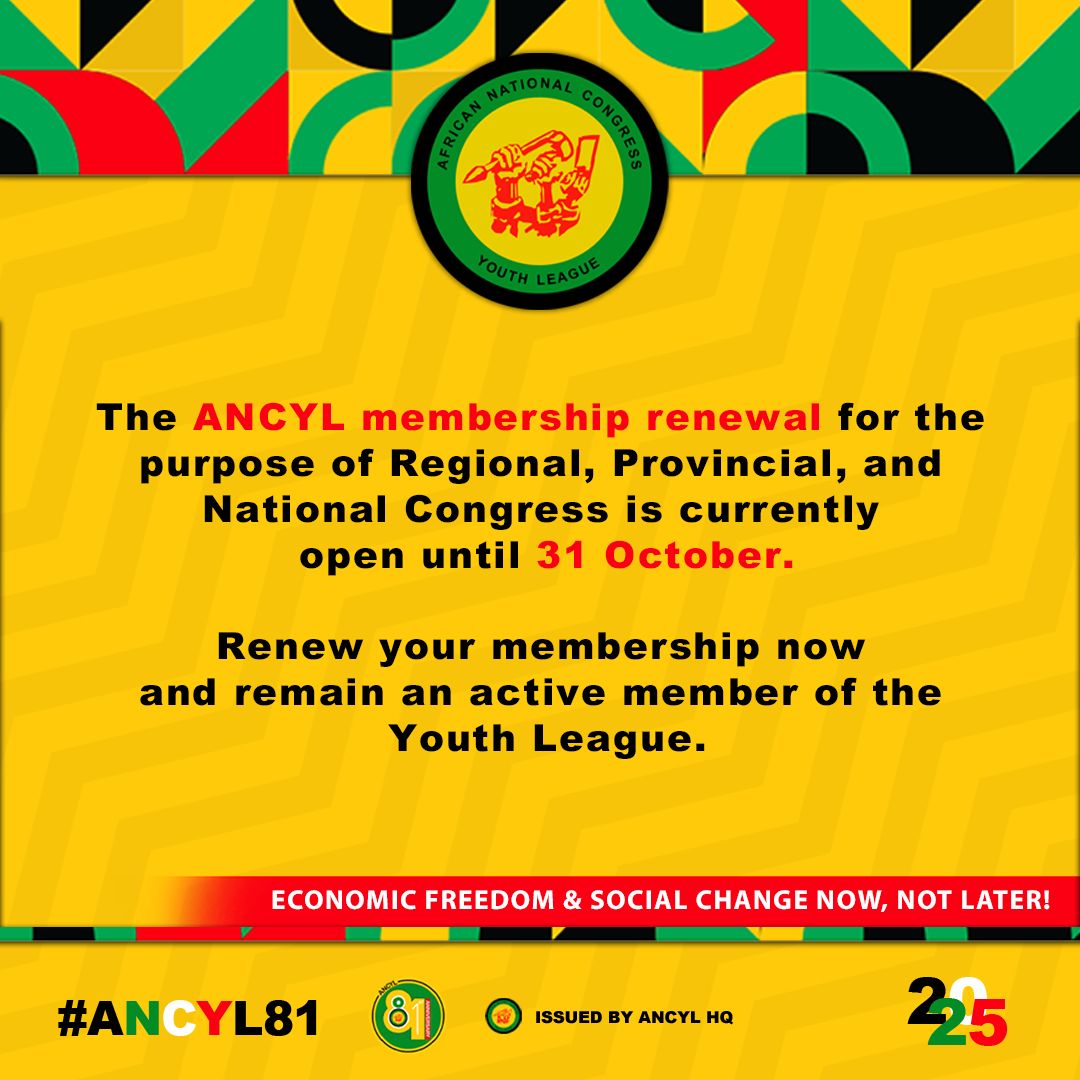 ANCYLhq's tweet photo. The ANCYL membership renewal process is open until 31 October for the purpose of Regional, Provincial and National Congresses.

#ANCYLatWork https://t.co/iUz2WEfiRW