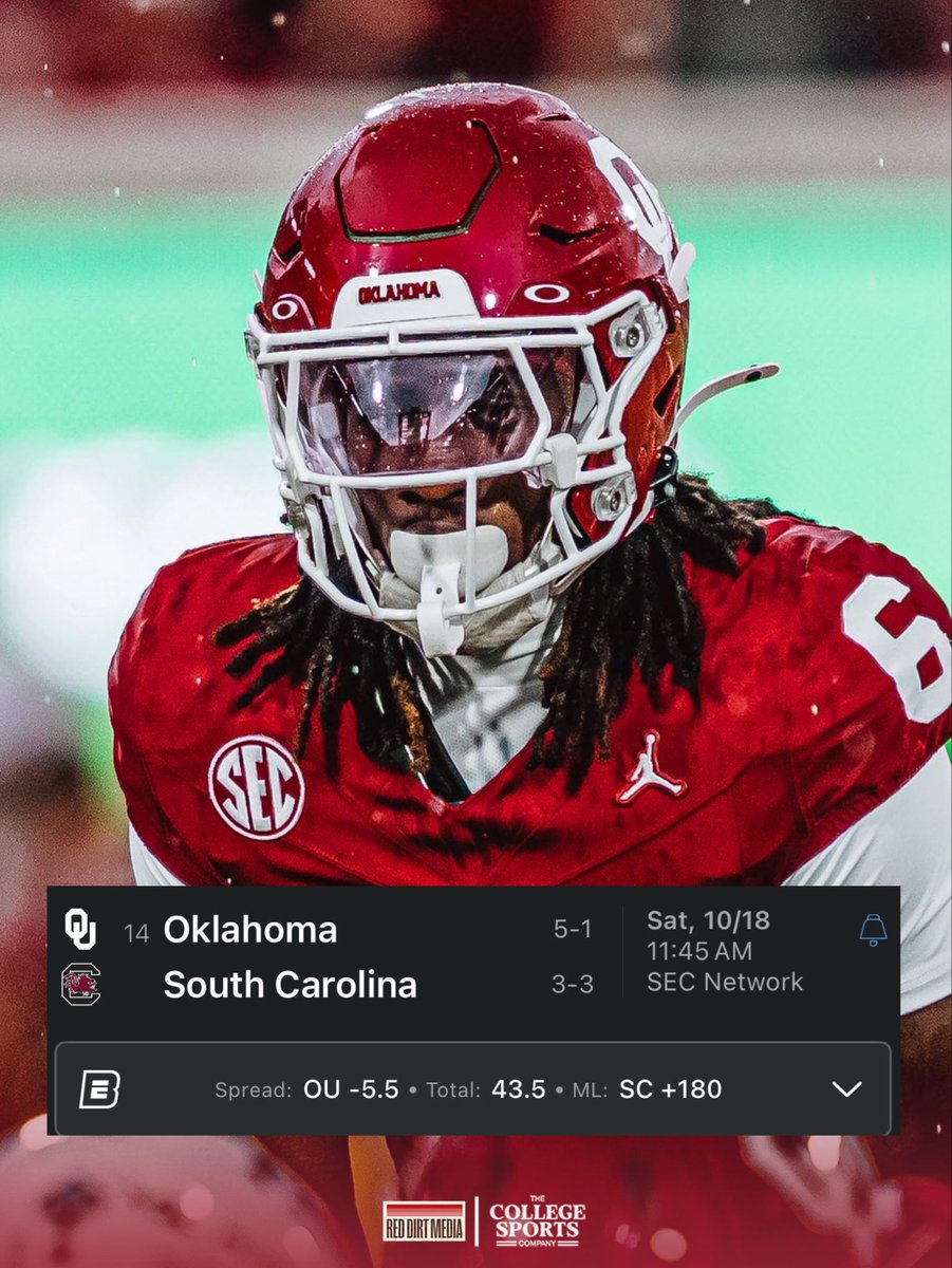 RedDirtMediaCo's tweet image. Sooners are currently -5.5 favorites over South Carolina as they look to become bowl eligible this week.
Will they cover?