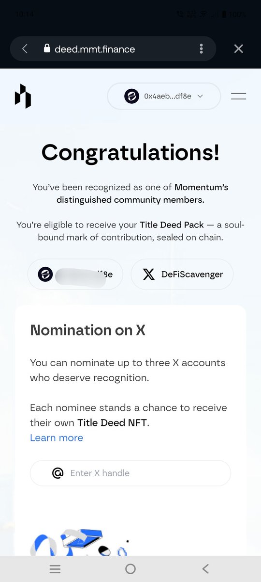 I'm Eligible for the Deed NFT from <a href="/MMTFinance/">MomentumⓂ️Ⓜ️T</a> ,the largest DEX on $SUI

Total Deed NFTs - 15,000
Hold this NFT for long Term rewards,you might be prioritised on <a href="/buidlpad/">Buidlpad</a> sale.

I can nominate 3 people for Deed

Like,repost and comment to nominate you❤️