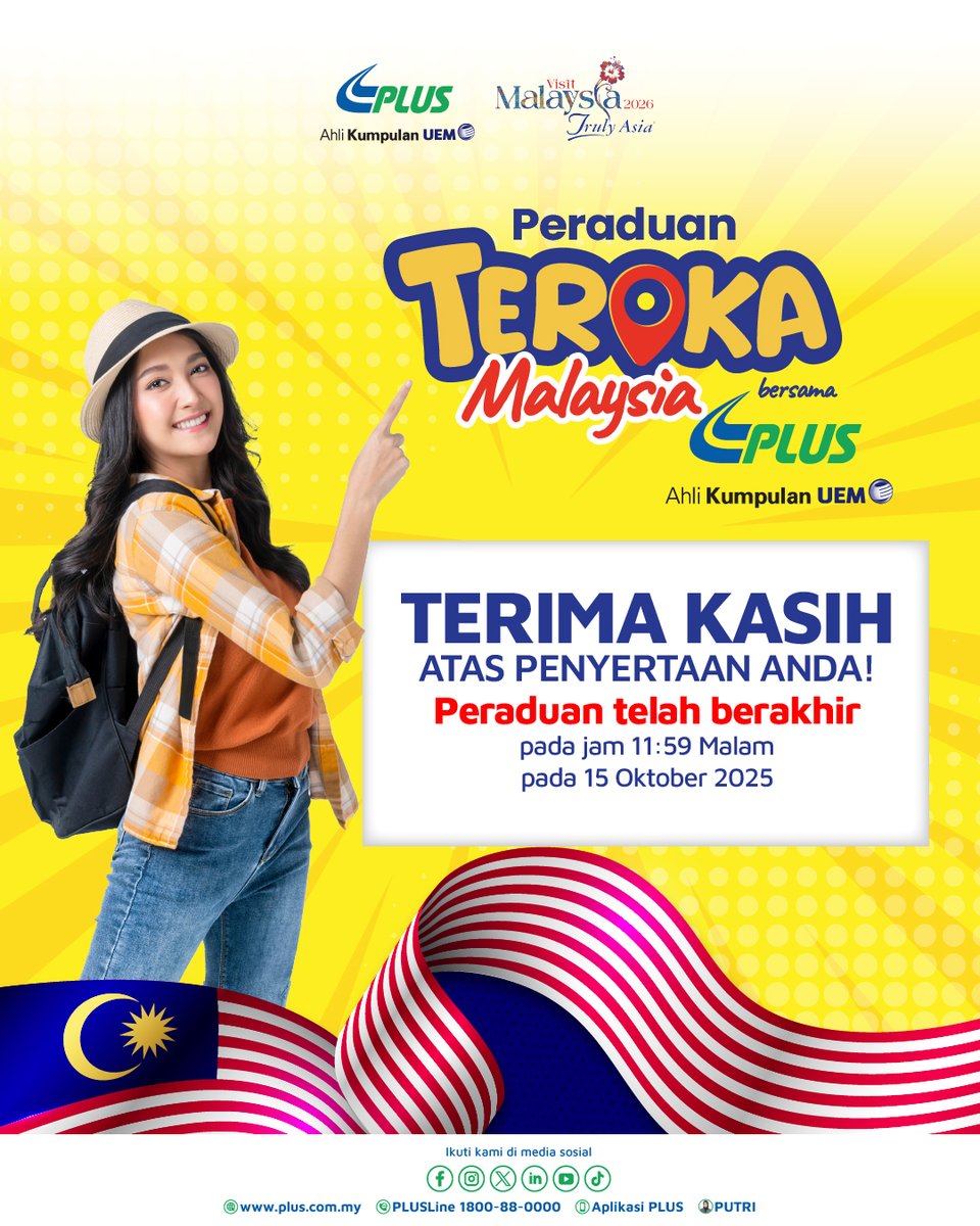 Kini, Peraduan Teroka Malaysia Bersama PLUS secara rasminya melabuhkan tirainya.

PLUS mengucapkan setinggi-tinggi terima kasih kepada semua peserta yang telah mengambil bahagian dalam peraduan ini. Sambutan yang diterima amat menggalakkan dan kami menghargai setiap usaha,