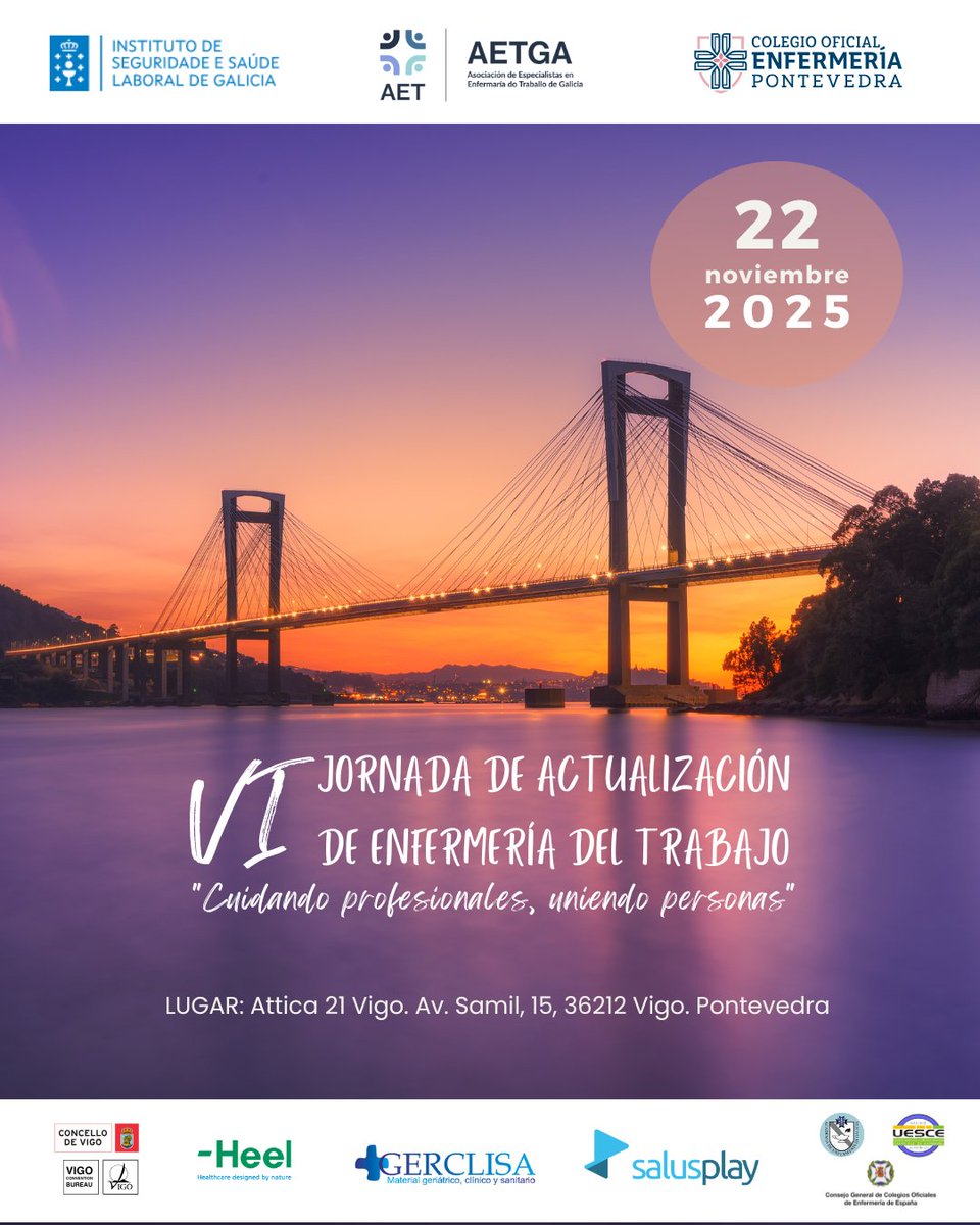 📣 AETGa te invita a las VI Jornadas Gallegas de Actualización en #EnfermeríaDelTrabajo
🗓️ 22 de noviembre de 2025 | Vigo | Hotel Attica21
💬 “Cuidando profesionales, uniendo personas”

🎟️ Inscripciones abiertas:
👉 enfermeriadeltrabajo.com/vi-jornada-de-…

#AETGa #SaludLaboral #Enfermería