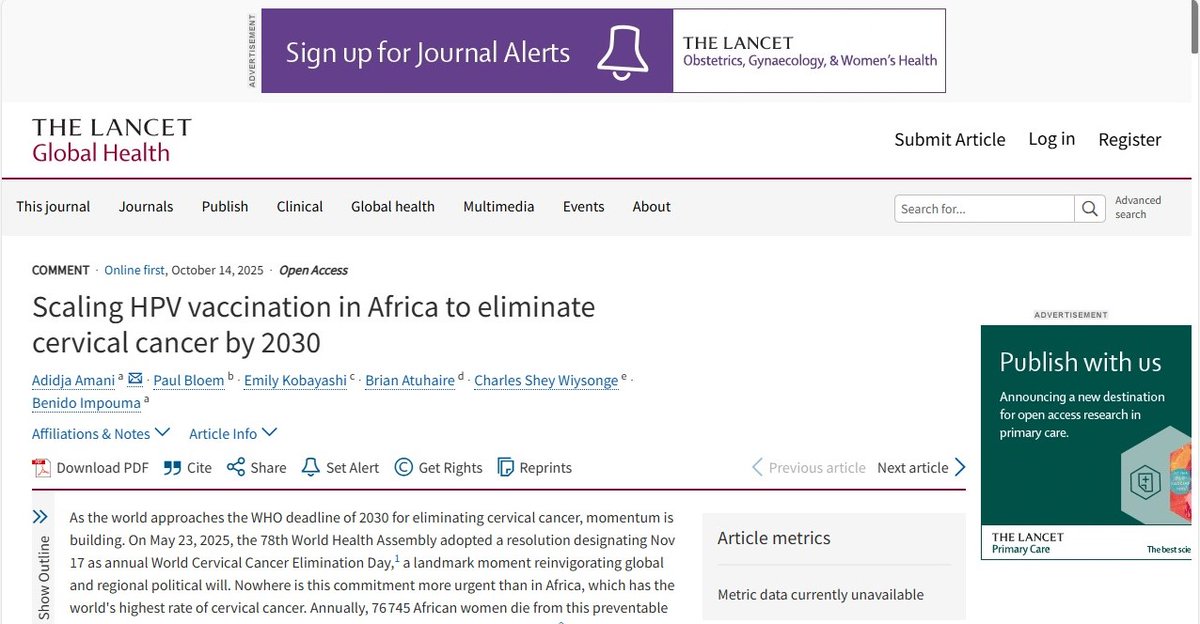 Cervical cancer claims nearly 77,000 women’s lives in Africa every year.

Achieving elimination by 2030 will require accelerating progress toward the WHO 90-70-90 targets.

A new <a href="/TheLancet/">The Lancet</a> article proposes five bold pathways to guide this effort: bit.ly/490mYBe