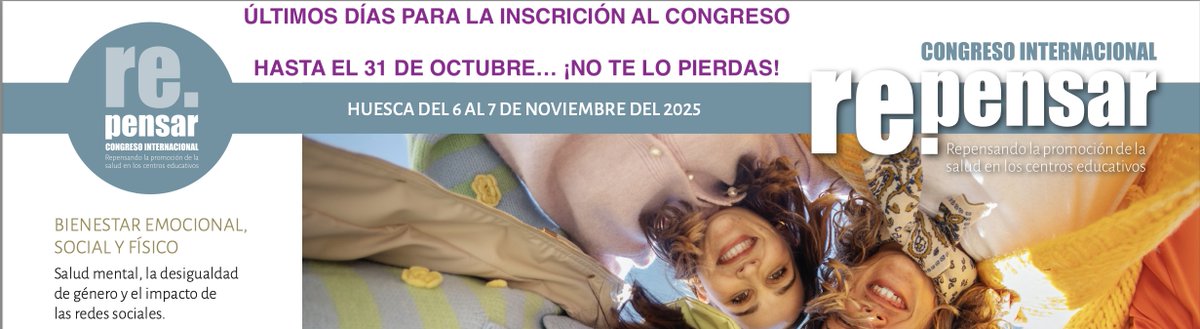 🚩 Últimos días para realizar la inscripción al congreso "Repensando la Promoción de la Salud en los Centros Educativos" que se llevará a cabo en Huesca del 6 al 7 de noviembre del 2025.

Enlace: grupoefypaf.unizar.es/ultimos-dias-p…

Te esperamos... 😀