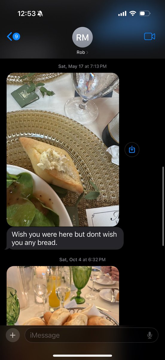 DougieCheatcode's tweet image. At a wedding years ago, my family made a joke about how I can’t have any bread at the table and my cousins friend liked that so much he now texts me only when he goes to a wedding that I still can’t have bread