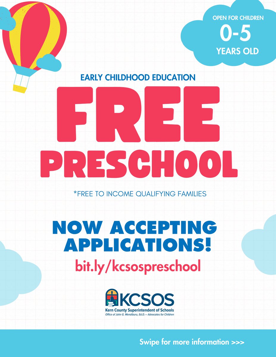 Now accepting applications for FREE preschool! Programs are available for income-qualifying families across Kern County.

Submit your application today at bit.ly/kcsospreschool. Questions? Call 661-636-4287.