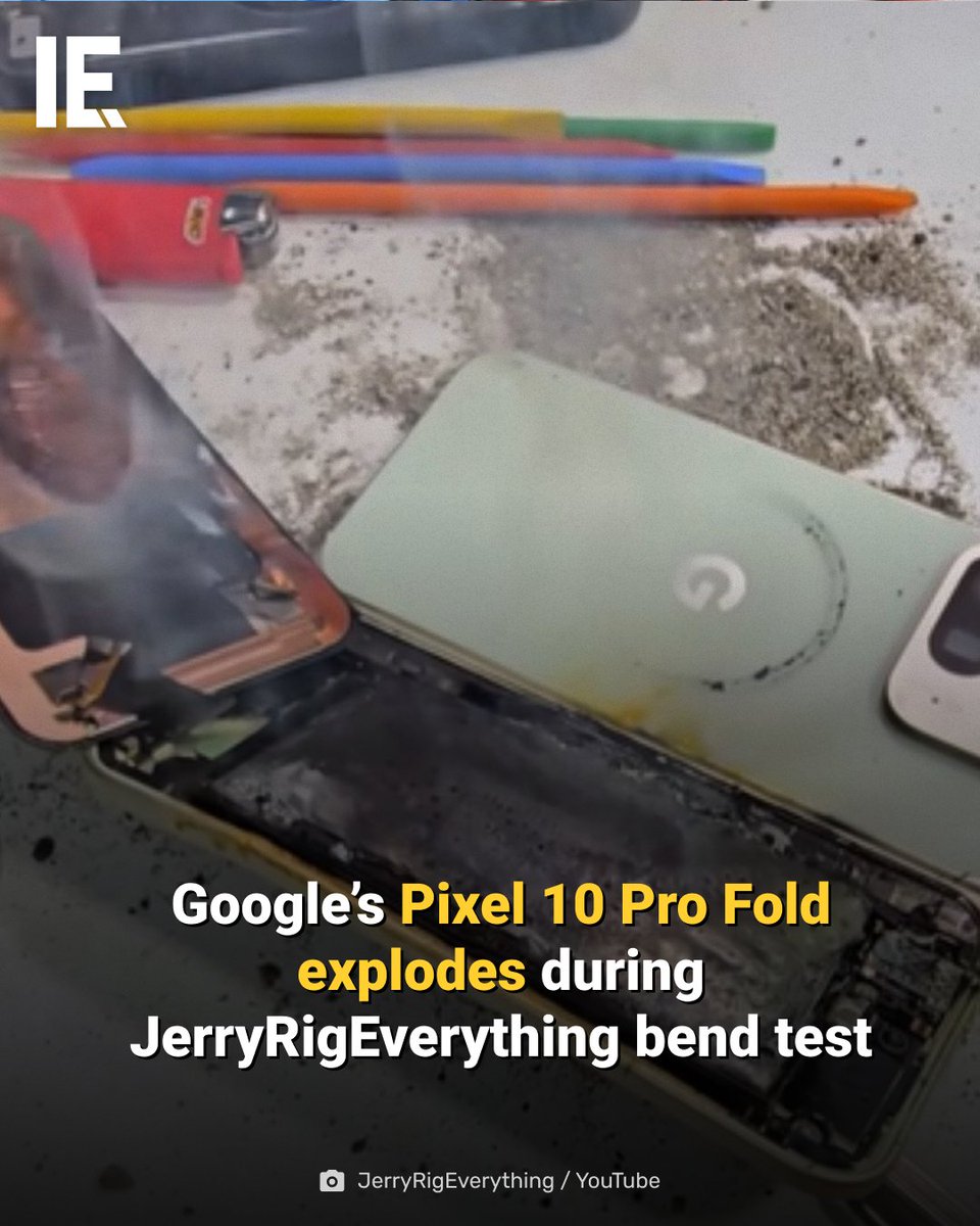 IntEngineering's tweet image. The Pixel 10 Pro Fold’s IP68 claim and hinge durability fall apart as the phone breaks and bursts into smoke during JerryRigEverything’s test. bit.ly/3JcT3ez