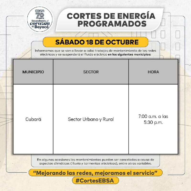 🕯️ #CortesProgramados | Jueves 16 de octubre 🗓️ Programación de suspensiones en el servicio de 💡energía,  para el mantenimiento e instalación de redes. Infórmate sobre las suspensiones en tu área visitando ➡️ ebsa.com.co/sitio/cortes_e…