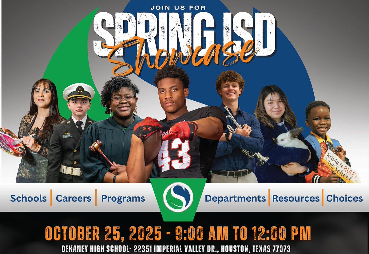SpringISD's tweet image. Mark your calendars! Join us Oct. 25 from 9 a.m.–12 p.m. at Dekaney HS for the Spring ISD Showcase and see what makes our schools shine. Share with your friends and family! @SISD_CoA