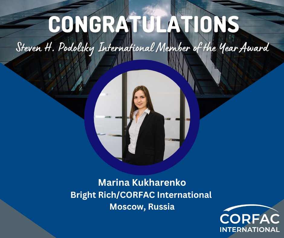 CORFACIntl's tweet image. 🌍 Congrats to Marina Kukharenko of Bright Rich/CORFAC International, recipient of the Steven H. Podolsky International Member of the Year Award! Marina has been a key leader in strengthening global connections &amp;amp; expanding #CORFAC’s international reach. #thinkCORFACfirst