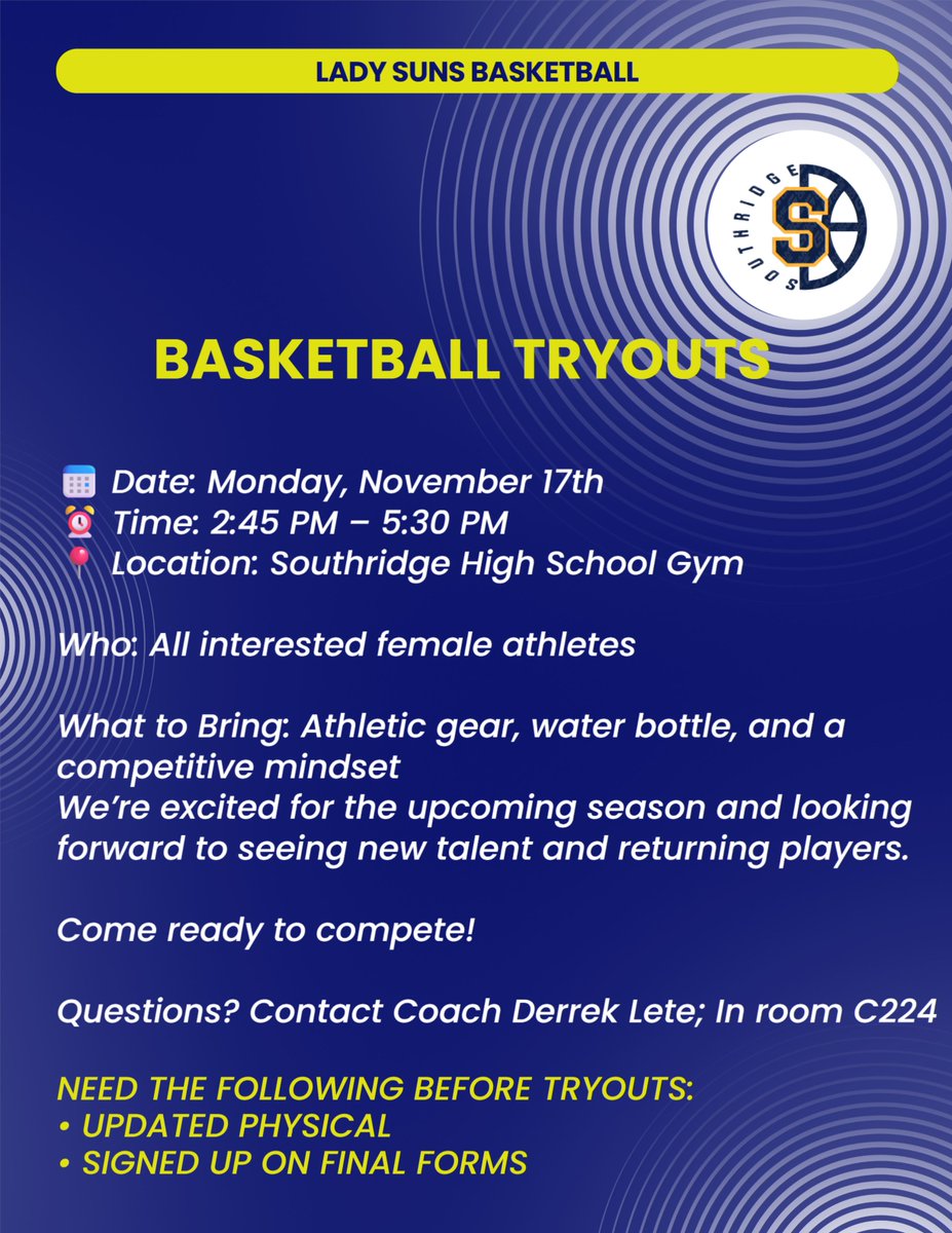 ladysunsbball's tweet photo. Basketball Tryouts are around the corner! Make sure you have all your paperwork turned in and completed on FinalForms. GO SUNS! https://t.co/Wio64BDeB7