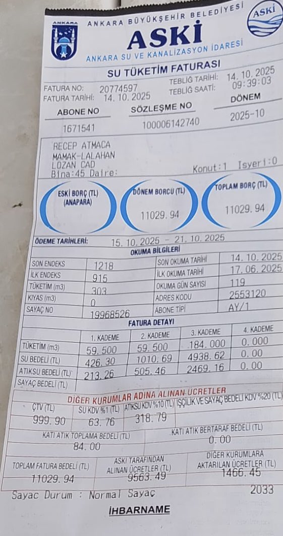 Ankara Büyükşehir Belediyesi, "Fazla su tüketenden fazla ücret" diye yola çıkıp bakın ne yapıyor?
-120 gün fatura okumaya gelmiyorlar
-120 günlük tüketimi tek faturada gösterip 11 BİN TL gibi astronomik rakamlar alıyorlar.
-"Adalet" diyen Mansur Yavaş, hiç aynaya baktınız mı?