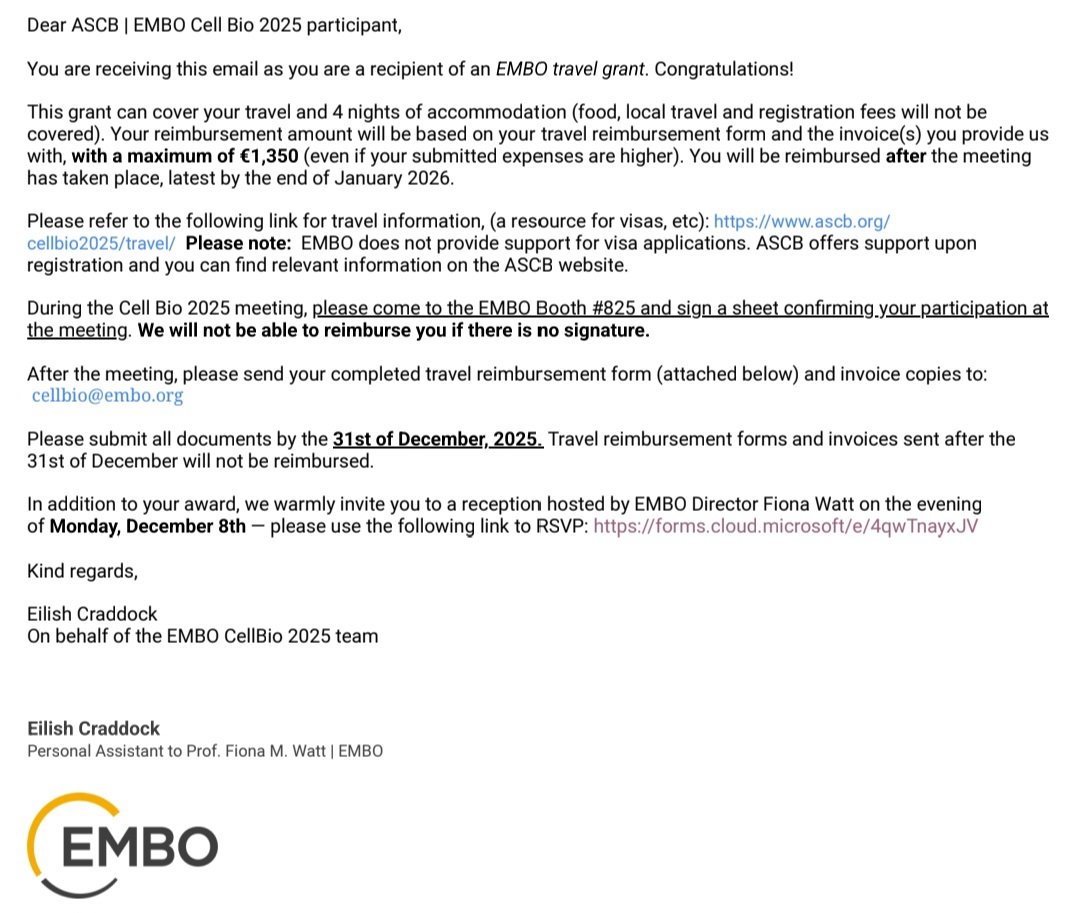 Priyadarshini <a href="/Darshi96/">Priyadarshini</a> is awarded with the <a href="/EMBO/">EMBO</a> travel grant that will partially support her trip to attend Cell biology meeting of <a href="/ASCBiology/">American Society for Cell Biology</a> at Phili in Dec25, to present the study "Brief environmental stress causes ciliary dysfunction due to aberrant length" <a href="/IHS_Presiuniv/">Institute of Health Sciences, Presidency Univ</a>