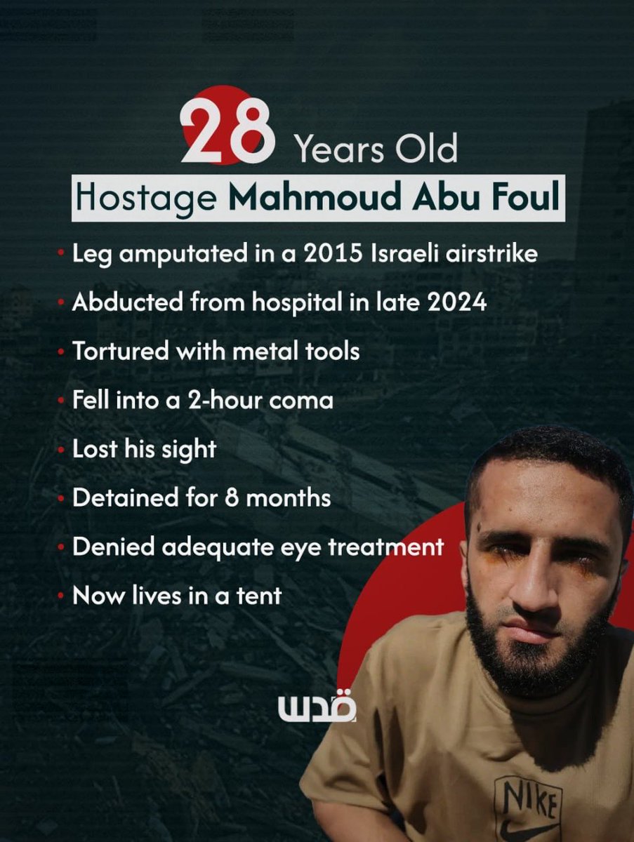 QudsNen's tweet photo. 28-year-old freed Palestinian hostage Mahmoud Abu Foul lost his leg in an Israeli airstrike in 2015. Israeli forces abducted him from Kamal Adwan Hospital in northern Gaza in late 2024. 

During his detention, he endured severe torture. He was released in critical condition as part of the recent prisoner exchange deal.