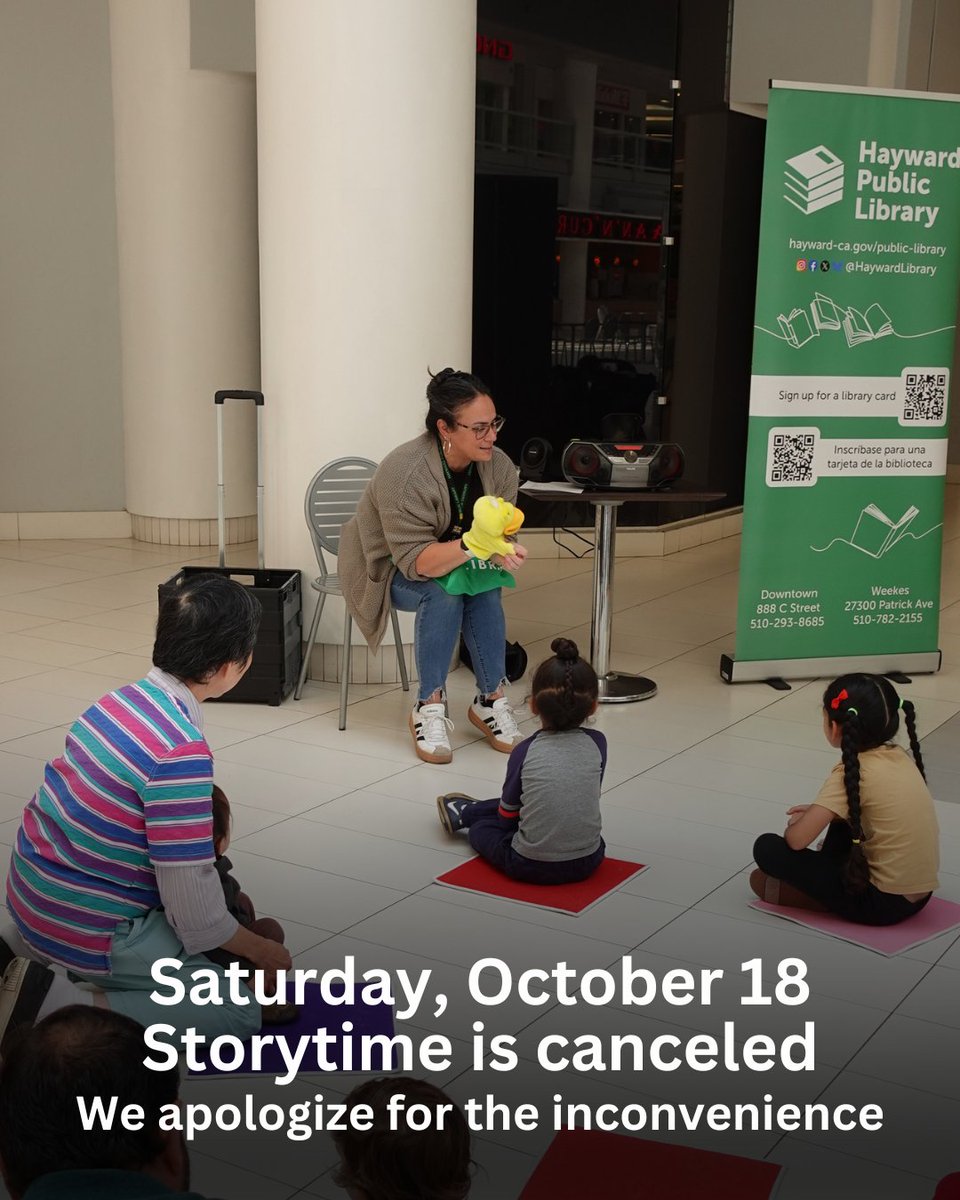 HaywardLibrary's tweet image. This week&apos;s Saturday Storytime on October 18 is canceled. We apologize for the inconvenience. 

Please check out our other storytime dates on our calendar: hayward.librarycalendar.com