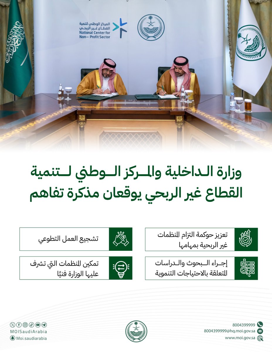 وزارة الداخلية 🇸🇦 (@moisaudiarabia) on Twitter photo الوزارة والمركز الوطني لتنمية القطاع غير الربحي <a href="/ncnp_sa/">المركز الوطني لتنمية القطاع غير الربحي</a> يوقعان مذكرة تفاهم. الوزارة والمركز الوطني لتنمية القطاع غير الربحي <a href="/ncnp_sa/">المركز الوطني لتنمية القطاع غير الربحي</a> يوقعان مذكرة تفاهم.