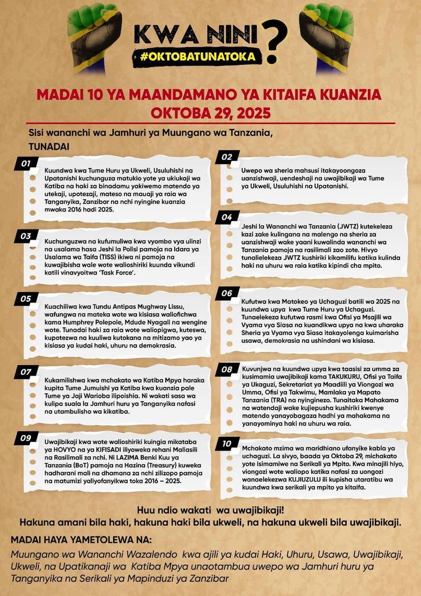 HIZI NDIO SABABU ZA SISI WANANCHI KUANDAMANA 29.10.

Tunataka kukomboa hili TAIFA kwa manufaa ya wananchi. 

Tunataka Walioporwa HAKI ZAO—warejeshewe HAKI ZAO.

TUTAIJENGA TANZANIA MPYA.

HII NDIO TANZANIA TUNAYOITAKA GEN—Z

REPOST 500

#OKTOBATUNATOKA

#TUTAKUWEPO🫵🏾😎