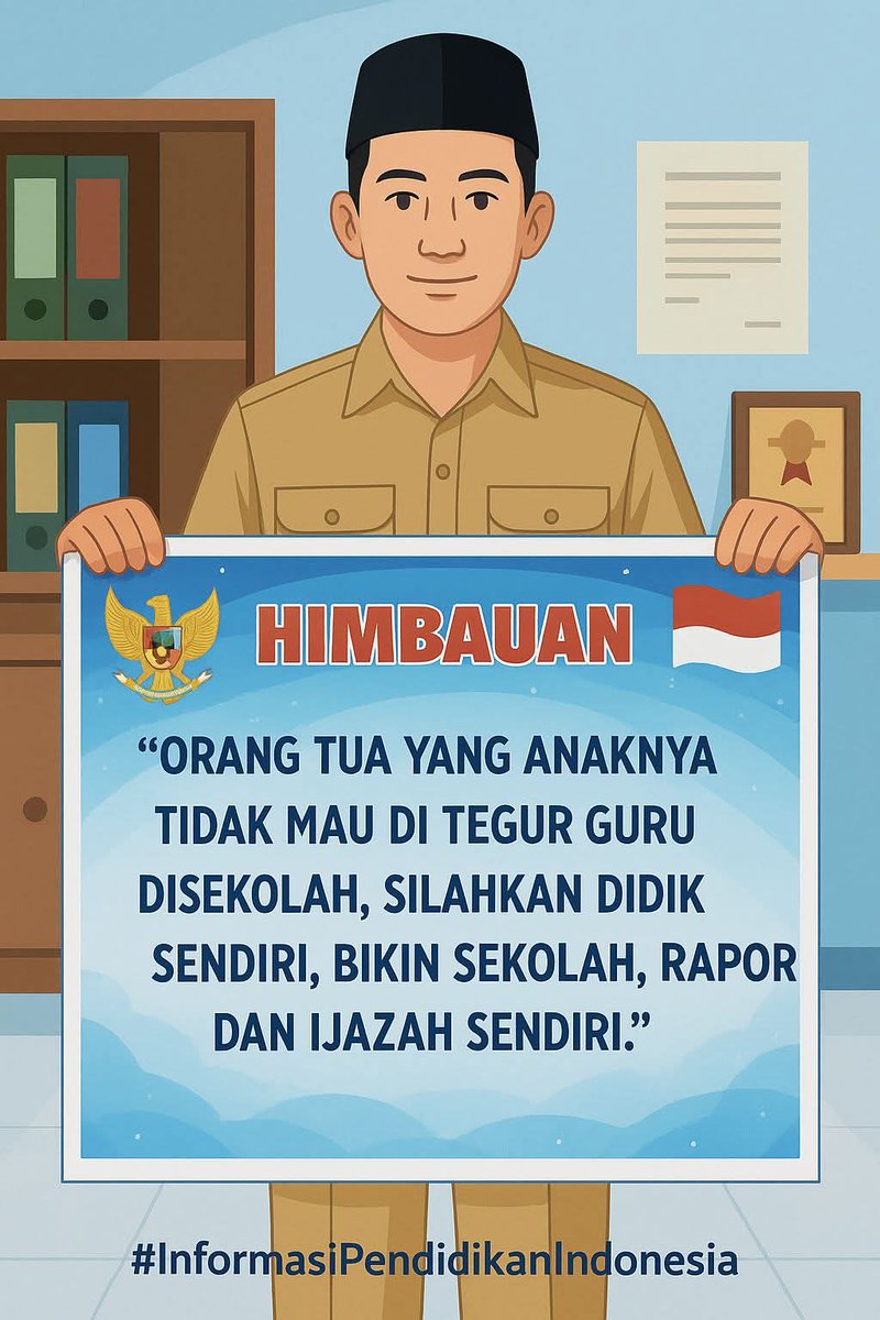 HIMBAUAN UNTUK SEMUA ORANG TUA 👇  

Kalau tidak mau anaknya ditegur guru di sekolah,  
silakan didik sendiri di rumah.  
Bikin sekolah sendiri, rapor sendiri, dan ijazah sendiri.