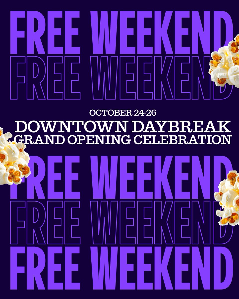 October 24–26, Megaplex at Downtown Daybreak opens its doors for a weekend unlike any other.

Join us for our "Free Weekend" and experience everything under one roof:

🎞️  Free movies | reserve your seats starting Friday, October 17 at 10:00 am
🎳 Free walk-up bowling
🕹️  Free 15