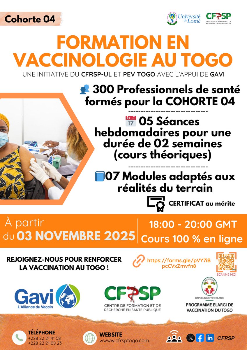 📣 C'est parti ! En ce mois d'octobre, les inscriptions sont ouvertes pour la Cohorte 04 de la Formation en Vaccinologie au Togo, qui débute le 03 novembre 2025.

🔗 Inscription en ligne : forms.gle/saswD1cJ22tptb…

#Vaccinologie #SantéPublique #RenforcementDesCapacités