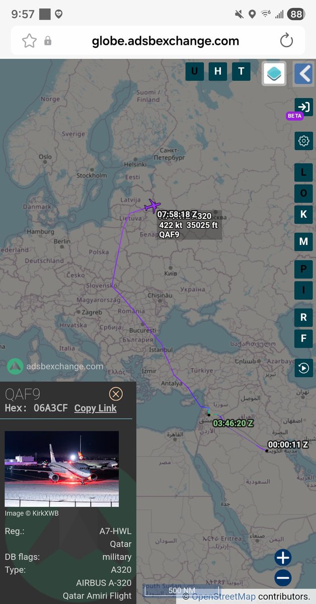 Borrowed7Time's tweet photo. Delayed post:

Qatar Amiri Flight A320 A7-HWL #06A3CF as QAF9 departed Damascus at 0346z, landing at Moscow. On board, Syrian pres. Ahmed al-Sharaa, who met with Vladimir Putin.
@sipjack1776 @thereccelizard @LadyAstroJet @LebanonJets @Dinlas3 https://t.co/JdHQWuacGr