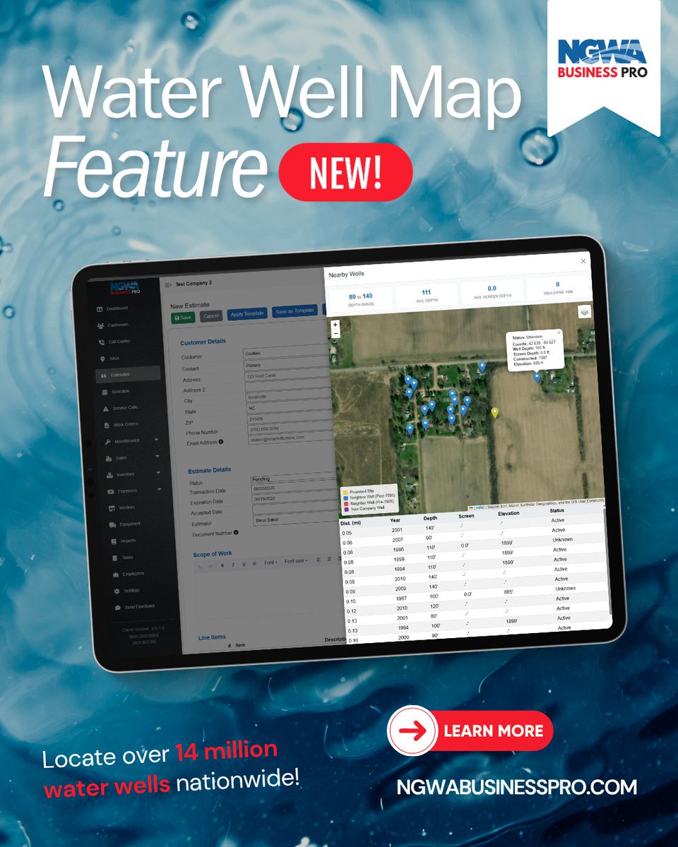 Just launched! The new NGWA Water Well Map is now live on NGWA.com and integrated into Business PRO. Professionals can now access detailed well data- depth, construction, quality, and more- right from their business dashboard.
This powerful new tool gives your
