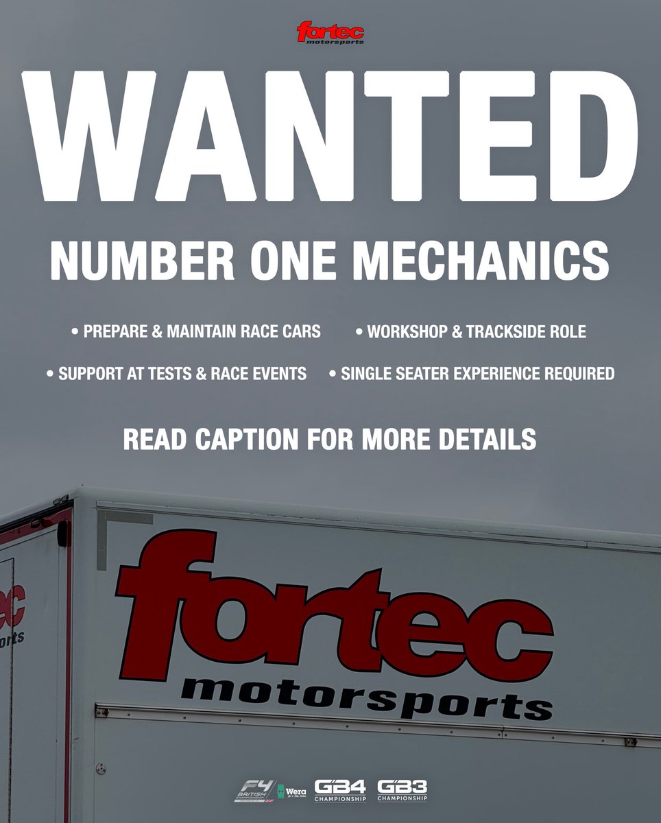 WANTED: No.1 Mechanics 🔧

We’re looking for experienced race mechanics with single-seater experience to join our team - workshop &amp; trackside role.

📍 Daventry, UK
📩 Send CV → oliver.dutton@fortecmotorsport.com
🔗 Full details - racestaff.com/job/no-1-mecha…

#FortecM