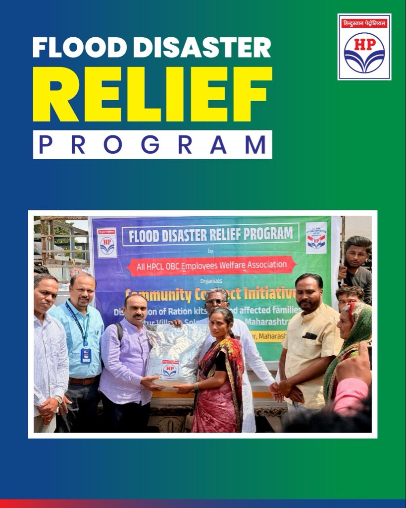 HPCL's tweet photo. Extending a helping hand in times of need. 🤝

The All HPCL OBC Employees Welfare Association, in collaboration with Grampanchayat Hattur, organized a flood relief initiative in Hattur Village, Solapur — distributing essential ration kits to families affected by the overflowing Sina river.

#HPCL #DeliveringHappiness #CommunityWelfare