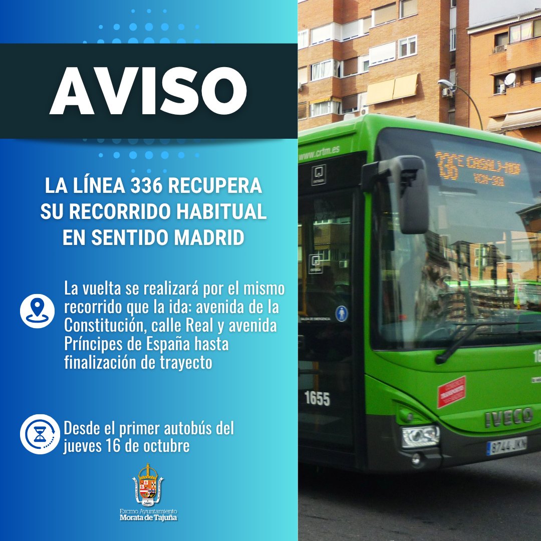 🚏🚍 Con motivo del avance en los trabajos de desmontaje del graderío de la plaza Mayor, desde este jueves, la línea 336 recupera su recorrido habitual en sentido Madrid, con vuelta por el mismo recorrido

En los próximos días, el tránsito de autobuses recuperará la normalidad