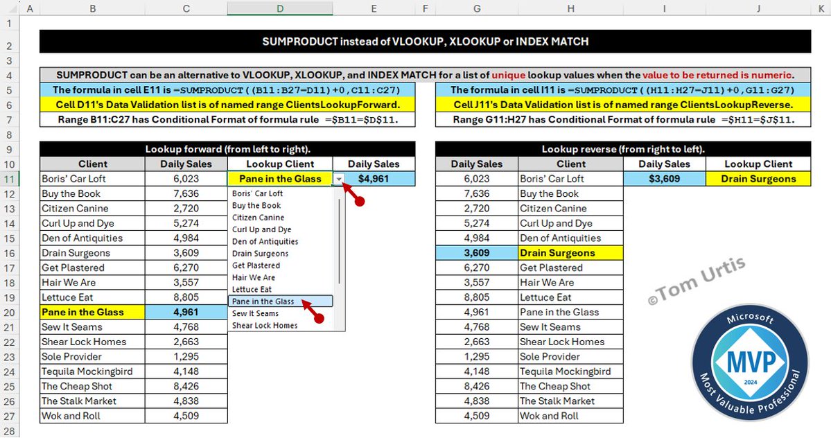 TomUrtis's tweet image. SUMPRODUCT instead of VLOOKUP, XLOOKUP or INDEX MATCH